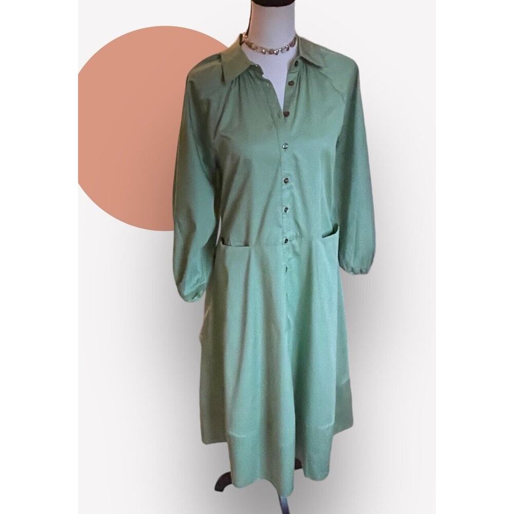 Harshman Muriel Matcha Green Cotton Shirt Dress 3/4 Sleeve NWT $229 M L 10 12 - Picture 3 of 10